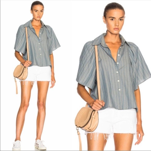 THE GREAT. Tops - The Great Chambray Butterfly Sleeve Top Stripe 1